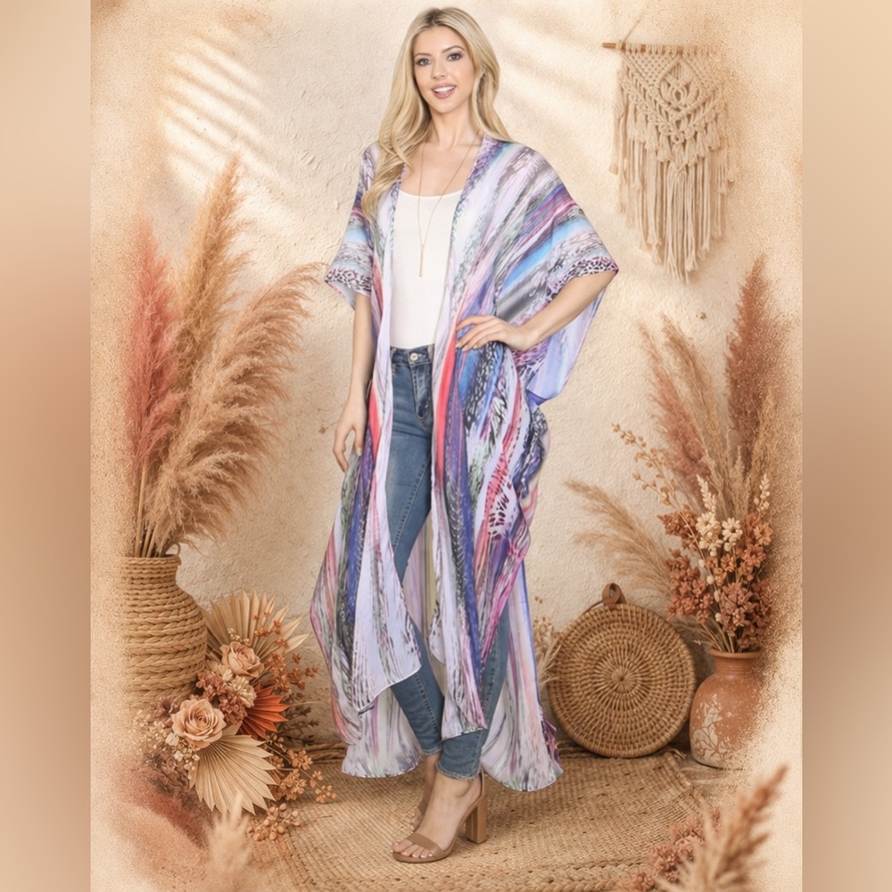 Lightweight Multicolor Watercolor Kimono